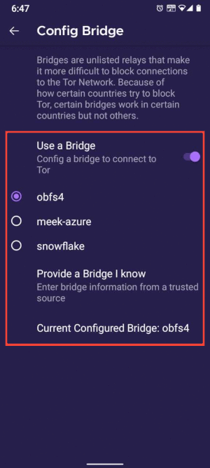 U përzgjodh një urë te Shfletuesi Tor për Android
