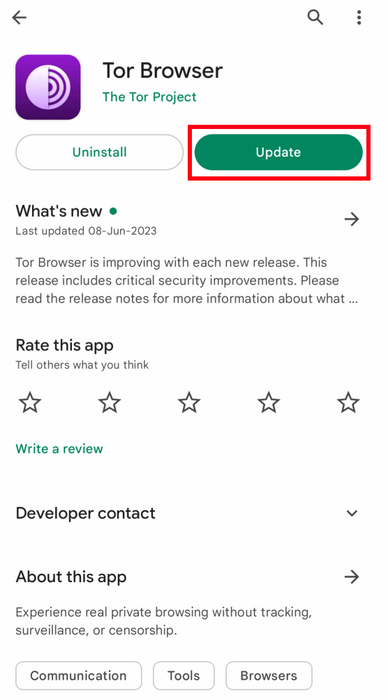 Google Play üzerinden Android için Tor Browser uygulamasını güncellemek