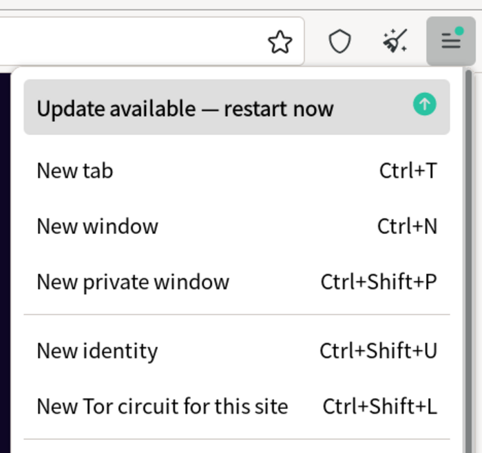 Chagua'Restart to update Tor Browser' chini ya menyu kuu